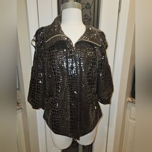 berek Black Brown Croc Embossed Lined Vintage Jacket Statement Sleeves Medium